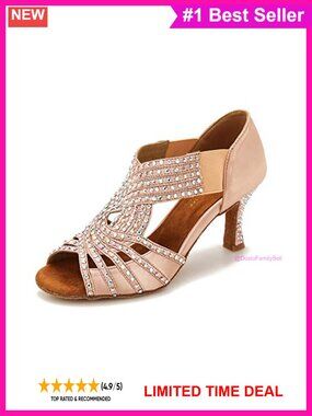 Rhinestone Dance Shoes Ballroom Latin Salsa Suede Sole Low Heel